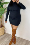 Black Casual Solid Patchwork Turtleneck One Step Skirt Plus Size Dresses