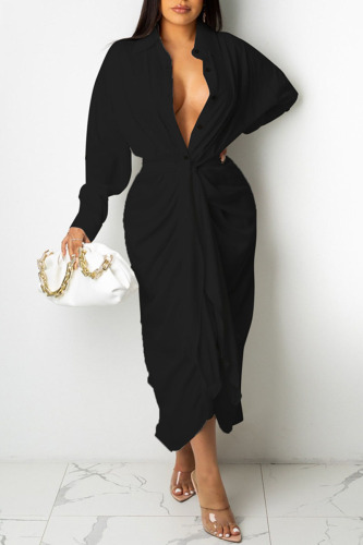 Black Casual Solid Patchwork Buckle Fold With Belt Turndown Collar Dresses
