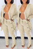 Brown Fashion Casual Solid Cardigan Vests Pants Long Sleeve Three-piece Set
