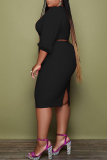 Black Fashion Casual Solid Bandage V Neck Plus Size Two Pieces
