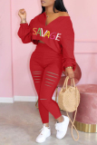 Red Fashion Casual Letter Print Ripped Zipper Collar Long Sleeve Two Pieces