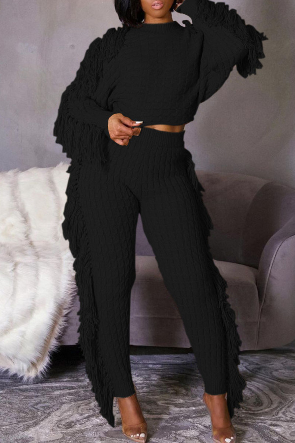 Black Casual Street Solid Tassel Patchwork O Neck Long Sleeve Two Pieces