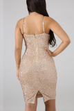 Apricot Sexy Spaghetti Strap Backless Sequins Dress