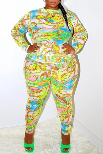 Yellow Fashion Casual Print Basic O Neck Plus Size Two Pieces
