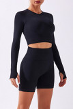 Black Casual Sportswear Print Basic Long Sleeve Top Shorts Two-piece Set