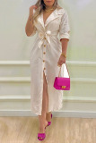 Apricot Casual Elegant Solid Patchwork Buckle With Belt Turn-back Collar Shirt Dress Dresses