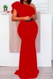 Red Formal Flounce One Shoulder Trumpet Mermaid Hem Wrapped Evening Party Wedding Guest Maxi Dress