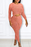 Pink Casual Solid Patchwork Asymmetrical O Neck Long Sleeve Two Pieces