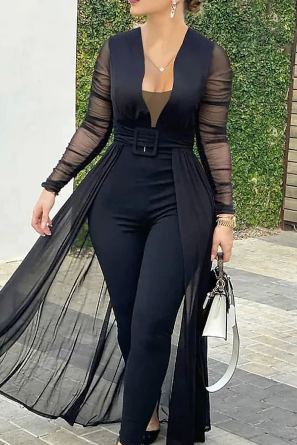 Black Sexy Casual Solid Patchwork Asymmetrical V Neck Regular Jumpsuits