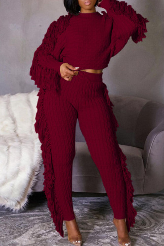 Burgundy Casual Street Solid Tassel Patchwork O Neck Long Sleeve Two Pieces