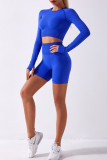 Blue Casual Sportswear Print Basic Long Sleeve Top Shorts Two-piece Set