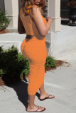 Orange Sexy Solid Patchwork Fold Spaghetti Strap Straight Dresses