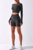Black Casual Sportswear Print Basic Long Sleeve Top Shorts Two-piece Set