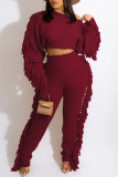 Burgundy Casual Street Solid Tassel Patchwork O Neck Long Sleeve Two Pieces