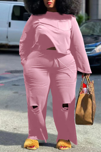 Pink Casual Solid Ripped Patchwork O Neck Plus Size Two Pieces
