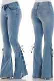 Light Blue Casual Street Solid Bandage Patchwork High Waist Boot Cut Denim Jeans