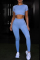 Sky Blue Casual Sportswear Solid Basic Short Sleeve Top Two-piece Set