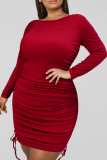Burgundy Fashion Casual Solid Draw String Fold O Neck Long Sleeve Plus Size Dresses