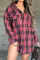 Red Casual Plaid Print Split Joint Buckle Turndown Collar Tops