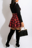 Red Fashion Casual Plaid Print Basic Turtleneck Long Sleeve Two Pieces