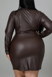 Brown Casual Solid Split Joint Buckle Turndown Collar One Step Skirt Plus Size Dresses