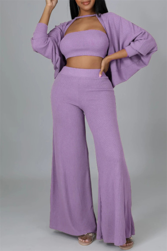 Purple Fashion Casual Solid Hollowed Out Patchwork O Neck Long Sleeve Three-piece Set