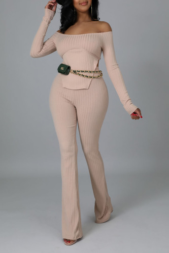Apricot Casual Solid Patchwork Slit Off the Shoulder Long Sleeve Two Pieces