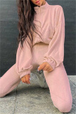 Pink Fashion Casual Solid Cardigan Pants Zipper Collar Long Sleeve Two Pieces