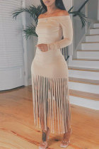 Light Khaki Sexy Casual Solid Tassel Off the Shoulder Long Sleeve Dresses