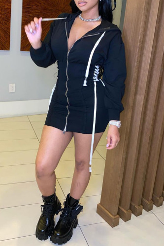 Black Casual Solid Bandage Patchwork Fold Zipper Hooded Collar One Step Skirt Dresses