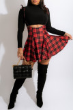 Red Fashion Casual Plaid Print Basic Turtleneck Long Sleeve Two Pieces