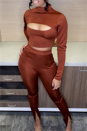 Brown Sexy Casual Solid Bandage Turtleneck Long Sleeve Two Pieces