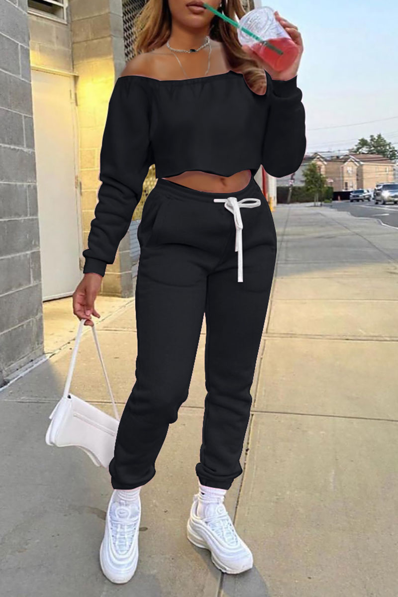 

Black Casual Solid Patchwork Off the Shoulder Long Sleeve Two Pieces