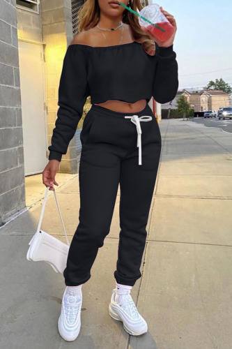 Black Casual Solid Patchwork Off the Shoulder Long Sleeve Two Pieces