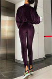 Purple Fashion Casual Solid Cardigan Pants Zipper Collar Long Sleeve Two Pieces