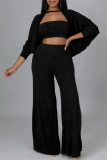 Black Fashion Casual Solid Hollowed Out Patchwork O Neck Long Sleeve Three-piece Set