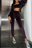 Black Fashion Casual Solid Cardigan Pants Zipper Collar Long Sleeve Two Pieces