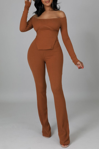 Tangerine Casual Solid Patchwork Slit Off the Shoulder Long Sleeve Two Pieces