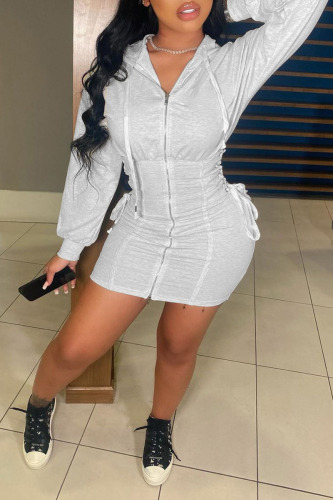 Grey Casual Solid Bandage Patchwork Fold Zipper Hooded Collar One Step Skirt Dresses