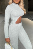 Grey Sexy Casual Solid Asymmetrical Turtleneck Long Sleeve Two Pieces