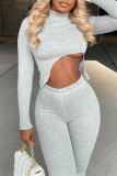 Grey Sexy Casual Solid Asymmetrical Turtleneck Long Sleeve Two Pieces