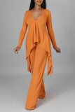 Orange Casual Solid Patchwork Asymmetrical V Neck Long Sleeve Two Pieces