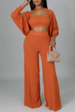 Orange Fashion Casual Solid Hollowed Out Patchwork O Neck Long Sleeve Three-piece Set