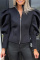 Black Fashion Casual Solid Split Joint Zipper Collar Outerwear