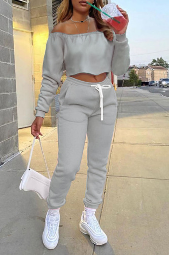 Grey Casual Solid Patchwork Off the Shoulder Long Sleeve Two Pieces