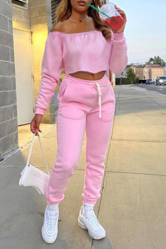 Pink Casual Solid Patchwork Off the Shoulder Long Sleeve Two Pieces