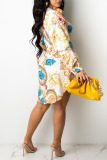 White Yellow Casual Print Patchwork Buckle With Belt Turndown Collar Shirt Dress Dresses