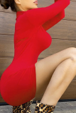 Red Sexy Solid Patchwork Half A Turtleneck Pencil Skirt Dresses