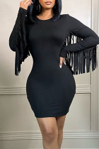 Black Casual Solid Tassel Split Joint O Neck One Step Skirt Dresses