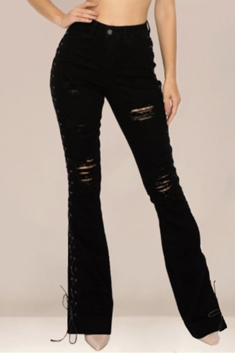

Black Fashion Casual Solid Ripped Bandage High Waist Regular Denim Jeans